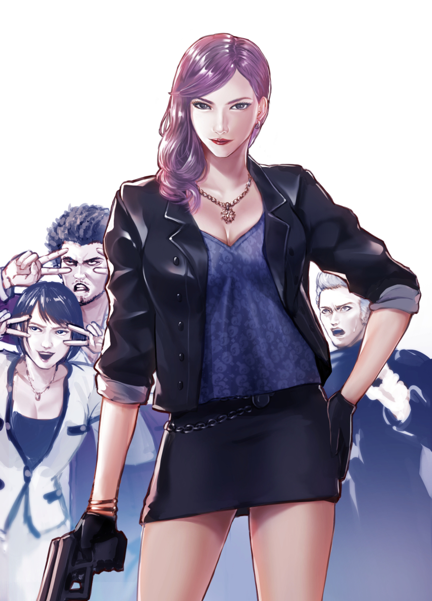 2boys 2girls breasts gloves grey_eyes gun han_joon-gi highres holding holding_gun holding_weapon igusaharu jacket jewelry kasuga_ichiban large_breasts lipstick makeup medium_breasts mukoda_saeko multiple_boys multiple_girls pencil_skirt pendant pink_hair ryuu_ga_gotoku_(series) ryuu_ga_gotoku_7 seonhee skirt sleeves_rolled_up weapon