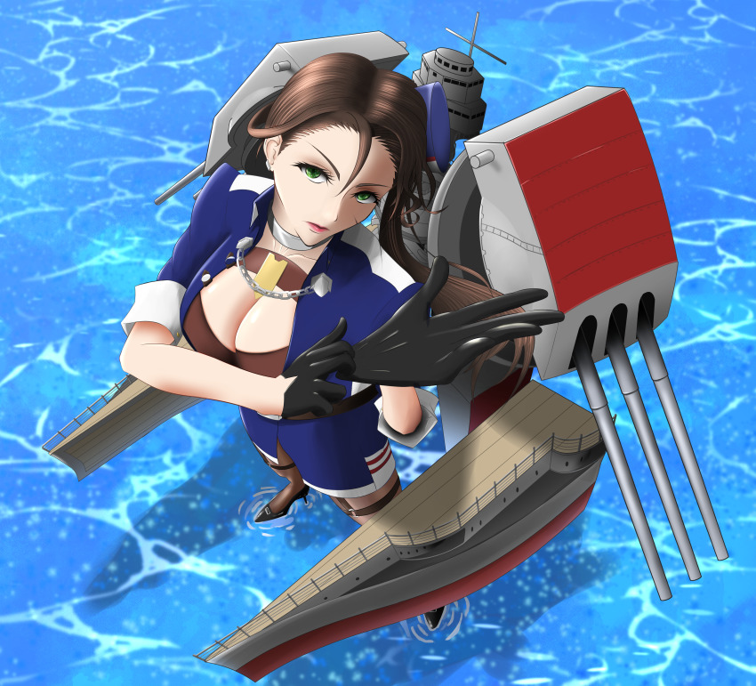 1girl absurdres azur_lane bad_id bad_pixiv_id black_bra black_gloves black_hair black_pantyhose bra breasts cleavage commentary_request from_above fuyuno_arashi gloves green_eyes hair_between_eyes highres huge_filesize large_breasts looking_at_viewer pantyhose pennsylvania_(azur_lane) scar scar_on_face shadow short_sleeves standing standing_on_liquid underwear
