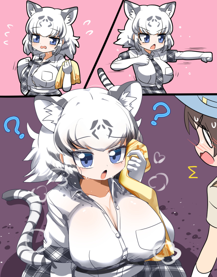 1boy 1girl ? animal_ears blue_eyes blush breasts brown_hair captain_(kemono_friends) cleavage collared_shirt commentary_request gloves grey_hair grey_necktie highres kemono_friends kemono_friends_3 large_breasts lets0020 long_sleeves looking_at_another multicolored_hair necktie open_mouth plaid_clothes plaid_necktie shirt short_hair smile solo_focus sweat tail tiger_ears tiger_girl tiger_tail two-tone_hair upper_body white_gloves white_hair white_shirt white_tiger_(kemono_friends)