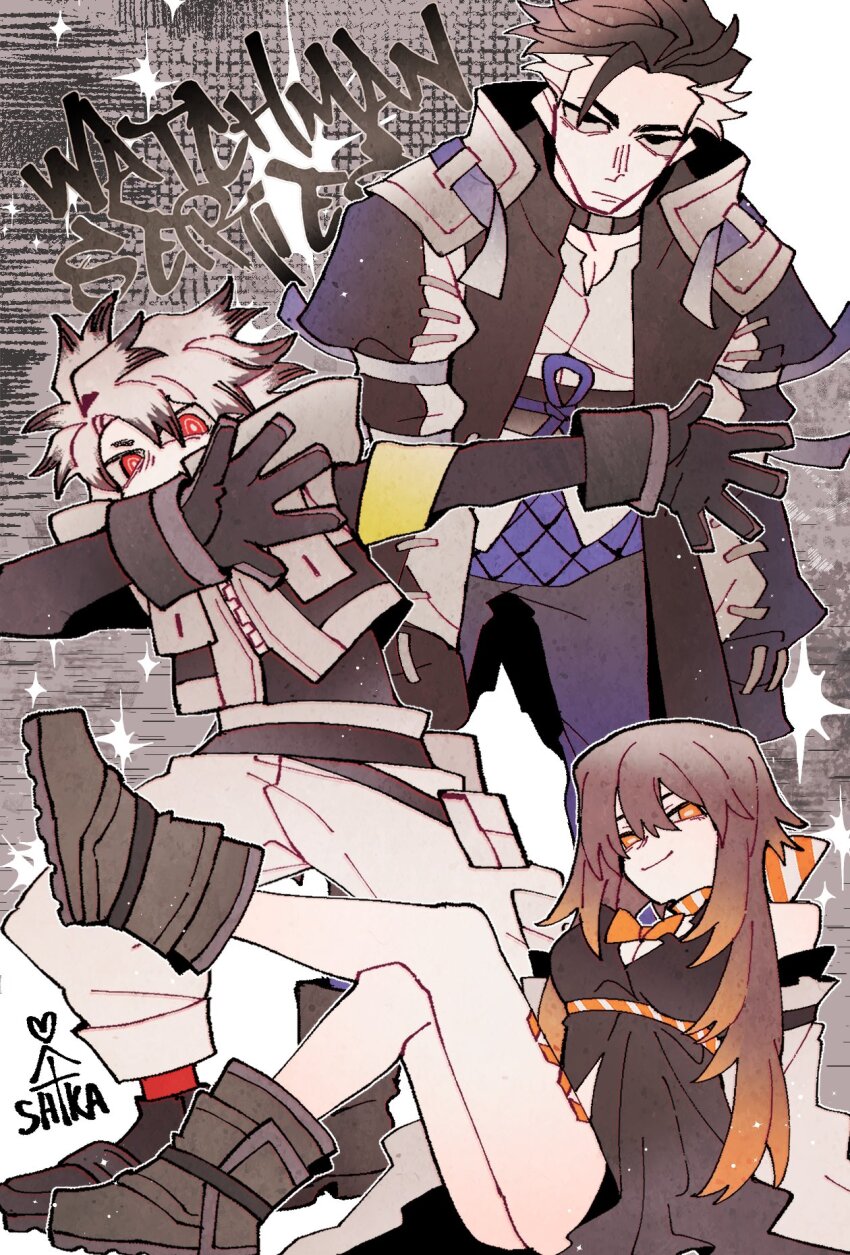 1girl 2boys akumatenshika amo_empool arm_up armband black_eyes black_hair black_shirt boots bow bowtie brown_boots brown_hair closed_mouth colored_tips gachiakuta gloves grey_gloves grey_hair highres long_hair looking_at_viewer multicolored_hair multiple_boys orange_bow orange_bowtie orange_eyes orange_hair orange_scarf pants red_eyes rudo_surebrec scarf shirt smile white_pants yellow_armband zodyl_typhon