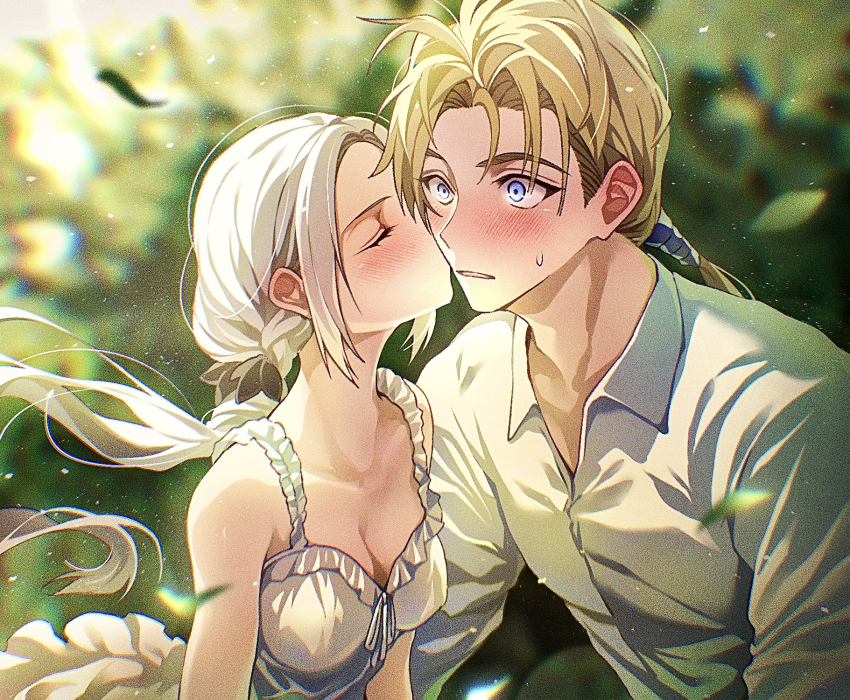 1boy 1girl blonde_hair blue_eyes breasts closed_eyes collarbone collared_shirt commentary_request dimitri_alexandre_blaiddyd dress edelgard_von_hresvelg fire_emblem fire_emblem:_three_houses fire_emblem_warriors:_three_hopes frilled_dress frills hetero highres kiss kissing_cheek long_hair long_sleeves low_ponytail medium_breasts nintendo ponytail shirt short_hair soma_otakuu surprised sweatdrop white_dress white_hair white_shirt