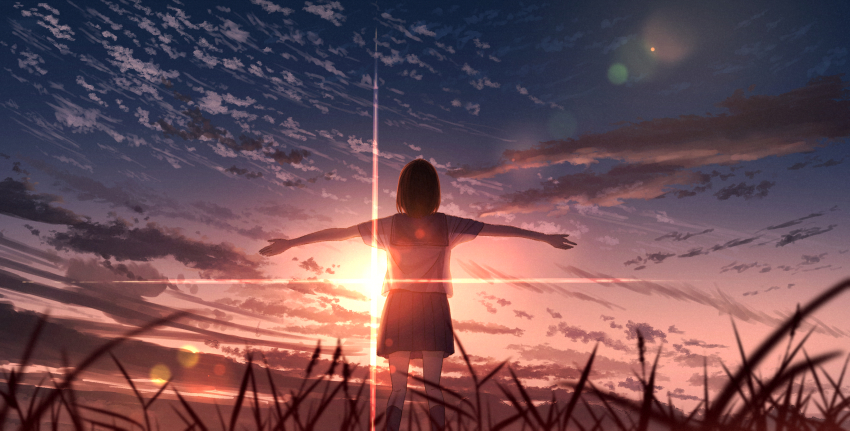 1girl absurdres backlighting blurry blurry_foreground bokeh brown_hair cloud cloudy_sky commentary depth_of_field english_commentary evening grass highres lens_flare medium_hair non-circular_lens_flare o-bana original outdoors outstretched_arms pleated_skirt scenery shirt skirt sky solo standing sun sunlight
