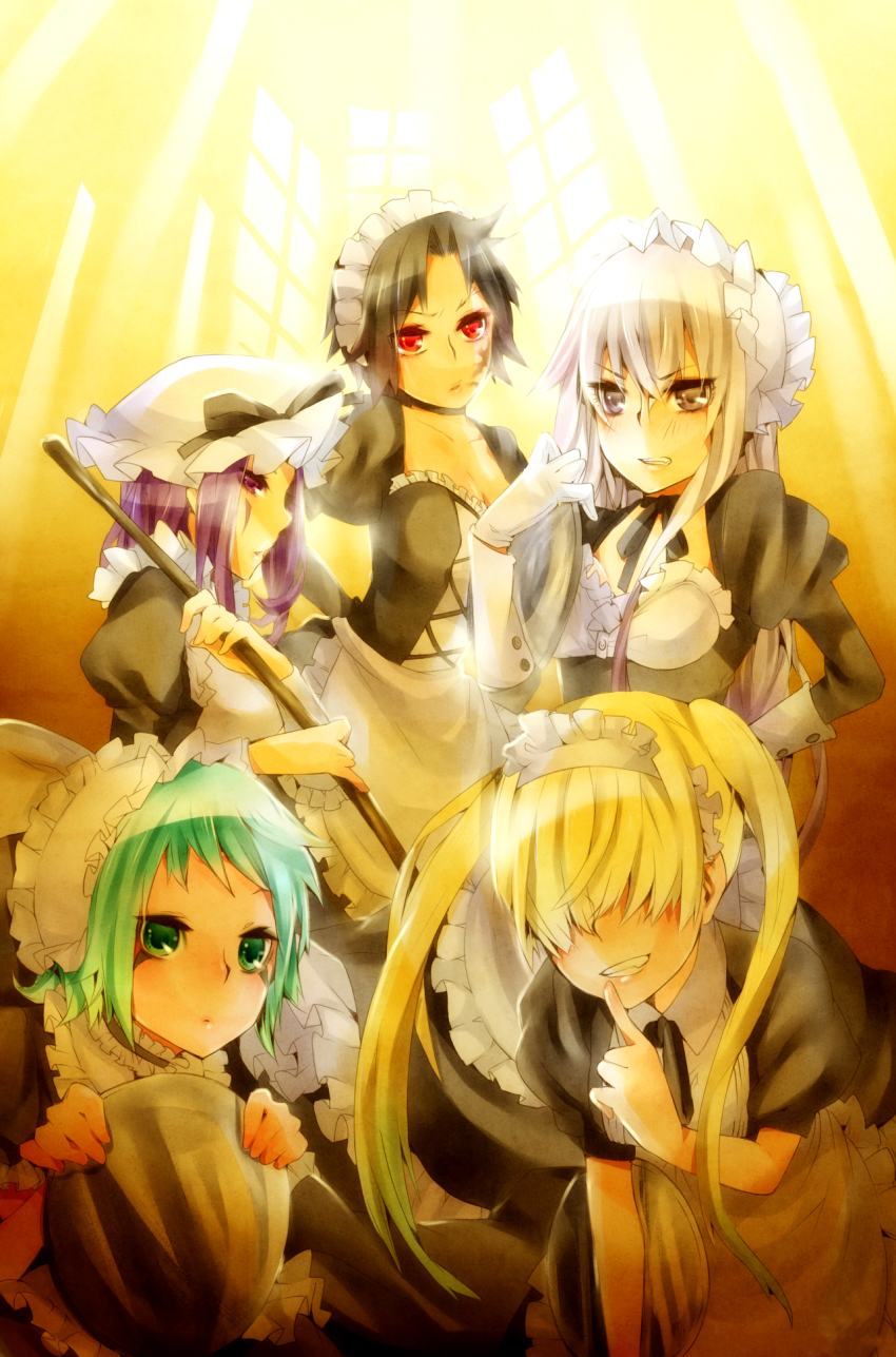 bad_id bad_pixiv_id belphegor_(reborn) blonde_hair breasts fran_(reborn) genderswap genderswap_(mtf) hair_over_eyes highres katekyo_hitman_reborn! long_hair maid mame_(enndoumame2009) mammon_(reborn) multiple_girls short_hair superbi_squalo xanxus