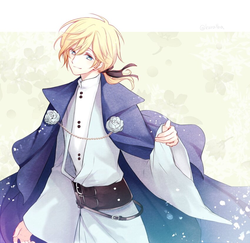 1boy arm_at_side belt black_belt black_ribbon black_sash blonde_hair blue_cape blue_eyes blue_kimono cape corsage cowboy_shot fai_d._flowright floral_background flower green_background hair_between_eyes hair_ribbon hand_up highres japanese_clothes kimono kurabayashi long_sleeves looking_at_viewer low_ponytail male_focus mandarin_collar medium_hair pinching_sleeves ponytail ribbon rose sash shirt smile solo standing tsubasa_chronicle white_flower white_rose white_shirt wide_sleeves