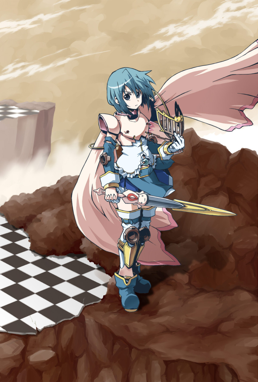 1girl adapted_costume armor armored_dress blue_eyes blue_hair boots cape checkered_floor dress female_focus floor highres kamen_rider kamen_rider_knight kamen_rider_ryuki_(series) kyubey magical_girl mahou_shoujo_madoka_magica mahou_shoujo_madoka_magica_(anime) mask matching_hair/eyes miki_sayaka miki_sayaka_(magical_girl) parody solo sword thighhighs thor_(pixiv240171) weapon