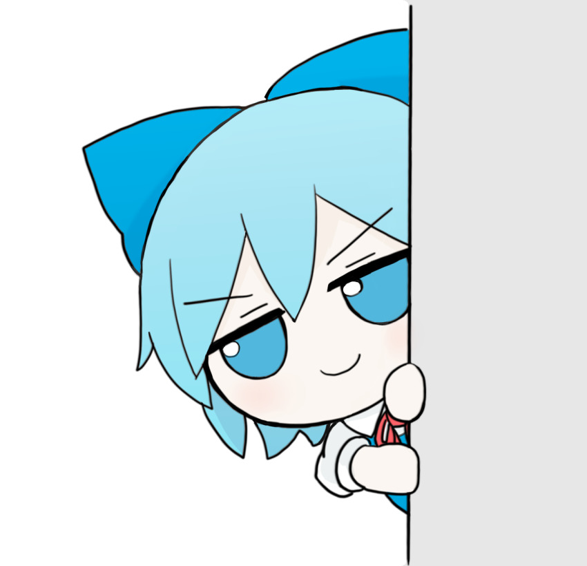 1girl azuma_meri blue_dress blue_eyes blue_hair bow character_doll cirno collared_shirt commentary doll dress english_commentary fumo_(doll) hair_bow jitome looking_at_viewer mixed-language_commentary neck_ribbon peeking peeking_out pinafore_dress puffy_short_sleeves puffy_sleeves red_ribbon ribbon shirt short_hair short_sleeves simple_background sleeveless sleeveless_dress smile solo touhou v-shaped_eyebrows white_background white_shirt
