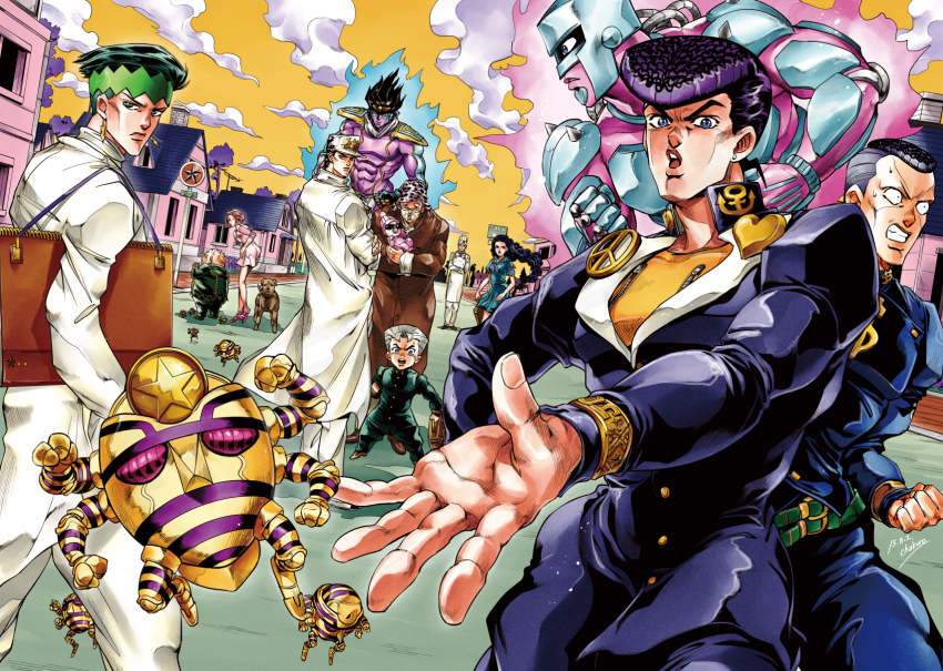 anchor_symbol apron araki_hirohiko_(style) arnold_(jojo) aura baby bag beard black_hair blue_eyes bookbag carrying cha_kuro_(limo) chef chef_hat clenched_hand clenched_hands clenched_teeth cloud coin crazy_diamond crossed_arms dated dog dollar_sign dress earrings facial_hair facial_mark fat fat_man foreshortening frown gakuran glasses green_eyes green_hair grey_hair harvest_(stand) hat heart higashikata_josuke highres house jewelry jojo_no_kimyou_na_bouken joseph_joestar joseph_joestar_(old) kishibe_rohan kuujou_joutarou leaning_back long_coat long_hair looking_back multicolored_hair nijimura_okuyasu open_mouth pacifier peace_symbol pink_hair pompadour purple_hair road road_sign school_uniform serafuku serious shizuka_joestar sign signature sketchbook sky stand_(jojo) star_(symbol) star_platinum street stud_earrings sugimoto_reimi sunglasses sweat teeth tonio_trussardi tree two-tone_hair wavy_hair yamagishi_yukako yangu_shigekiyo zipper