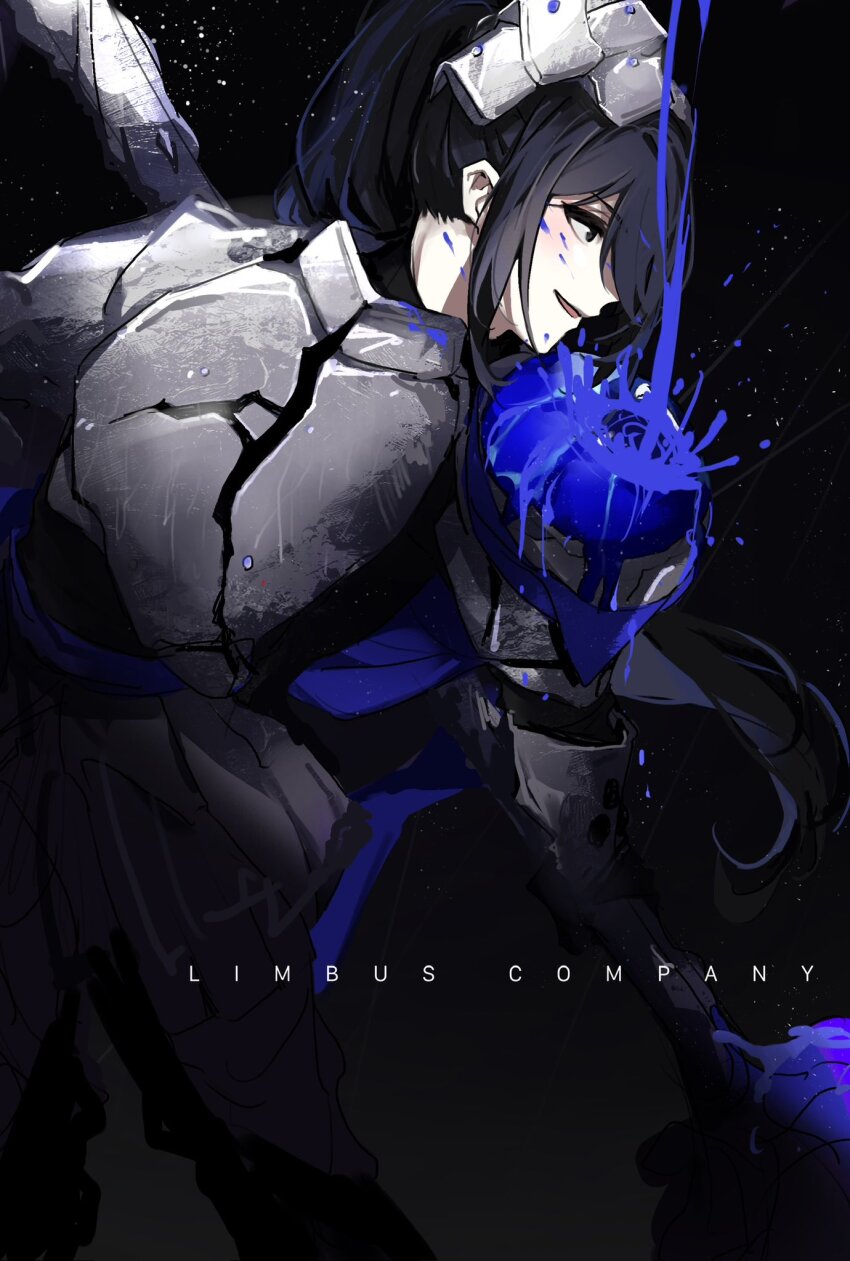 1boy armor black_armor black_background black_eyes black_hair blue_liquid blue_sash cavernous_wailing_(e.g.o) cowboy_shot crack cracked_armor e.g.o_(project_moon) hair_ornament highres holding holding_weapon hong_lu_(project_moon) kbtur limbus_company open_mouth project_moon sash sidelocks simple_background smile solo weapon