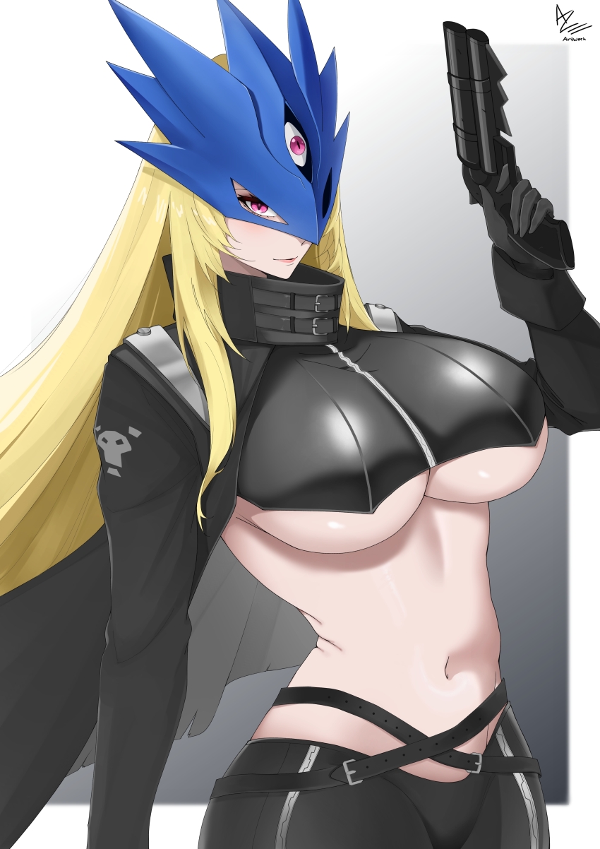 1girl absurdres artist_name beelstarmon belt black_belt black_coat black_gloves black_pants black_vest blonde_hair blue_mask breasts closed_mouth coat commentary cowboy_shot cropped_vest digimon digimon_(creature) eye_mask gloves groin gun hand_up highres holding holding_gun holding_weapon large_breasts leather leather_pants long_hair looking_at_viewer mask multiple-barrel_gun navel open_clothes open_coat pants purple_eyes razes sidelocks signature skull_print solo standing stomach third_eye tight_clothes tight_pants underboob vest weapon zipper