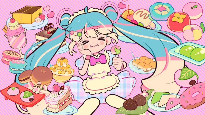 &gt;_&lt; 1girl ahoge apron blue_dress blue_eyes blue_hair blush bow bowtie cake castella_(food) cherry cherry_blossoms closed_mouth cup dolman_(dm) donut dorayaki dress food food_request fruit hatsune_miku highres ice_cream leaf long_hair macaron mandarin_orange mandarin_orange_slice matcha_(food) mochi mochimochi_(vocaloid) namagashi parfait pink_bow pink_bowtie plaid_clothes plaid_dress plate puffy_short_sleeves puffy_sleeves sakura_mochi short_sleeves solo toothpick twintails very_long_hair vocaloid wagashi wavy_mouth whipped_cream white_apron