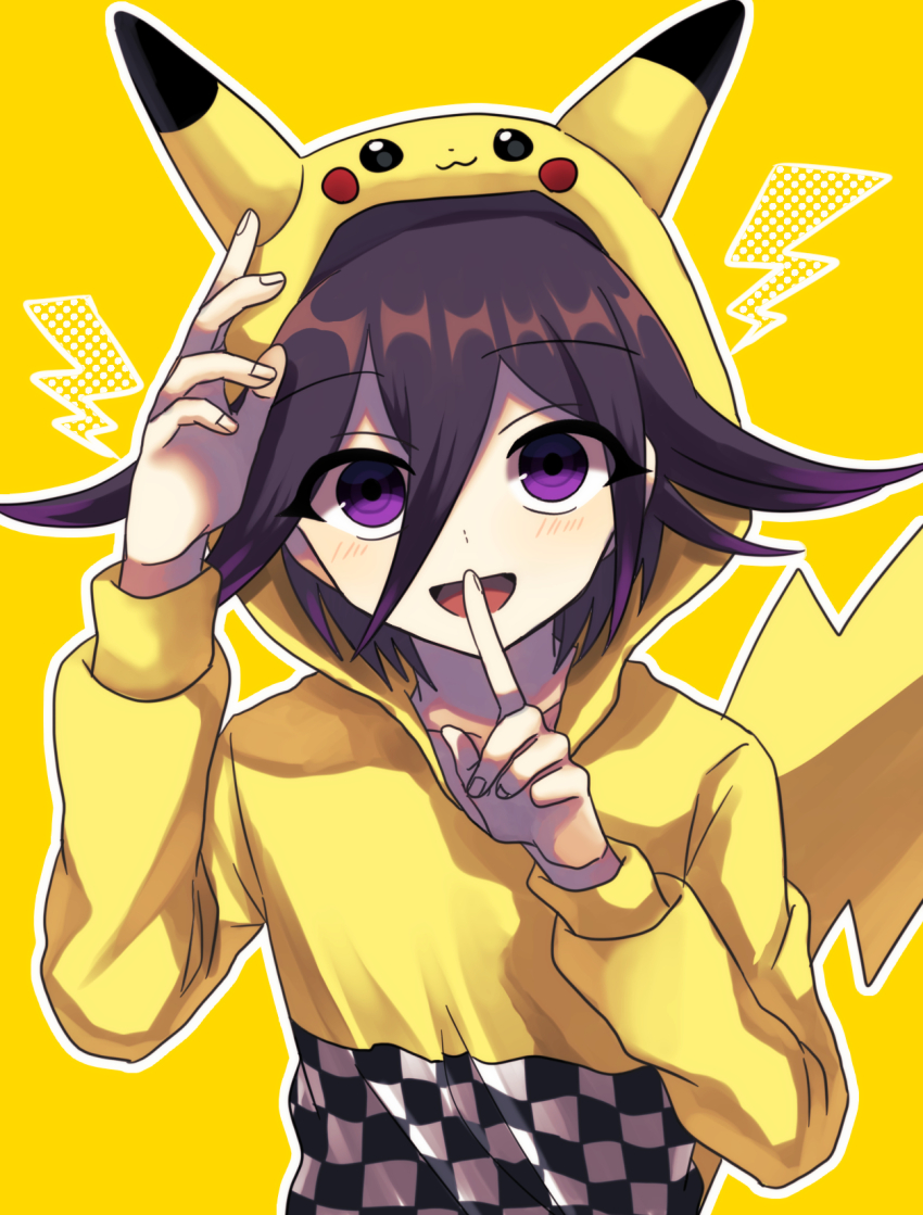 1boy animal_ears checkered_clothes commentary_request cosplay danganronpa_(series) danganronpa_v3:_killing_harmony finger_to_mouth flipped_hair game_freak gen_1_pokemon hair_between_eyes hands_up happy highres hood hoodie light_blush lightning_bolt_symbol long_sleeves looking_at_viewer male_focus nacoru nintendo oma_kokichi open_mouth outline pikachu pikachu_(cosplay) pikachu_ears pikachu_hood pikachu_tail pokemon pokemon_tail purple_eyes purple_hair ringed_eyes short_hair shushing simple_background smile solo tail upper_body white_outline yellow_background yellow_hoodie yellow_theme