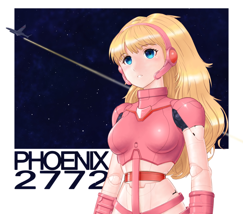 1girl android blonde_hair blue_eyes breasts commentary_request headgear hi_no_tori hi_no_tori_2772 highres imananji_01 joints long_hair medium_breasts olga_(phoenix_2772) robot_joints solo space spacecraft upper_body