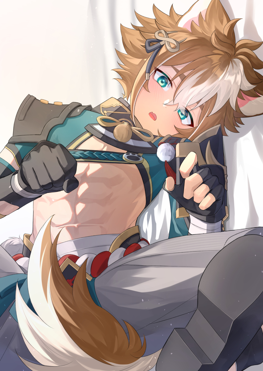 1boy absurdres animal_ears aqua_eyes armor black_gloves blush brown_hair dog_boy dog_ears dog_tail fingerless_gloves genshin_impact gloves gorou_(genshin_impact) grey_pants hair_between_eyes hair_ornament highres japanese_clothes looking_at_viewer male_focus multicolored_hair multicolored_tail muscular muscular_male narshiyu open_mouth pants short_hair shoulder_armor solo spread_legs streaked_hair tail white_hair