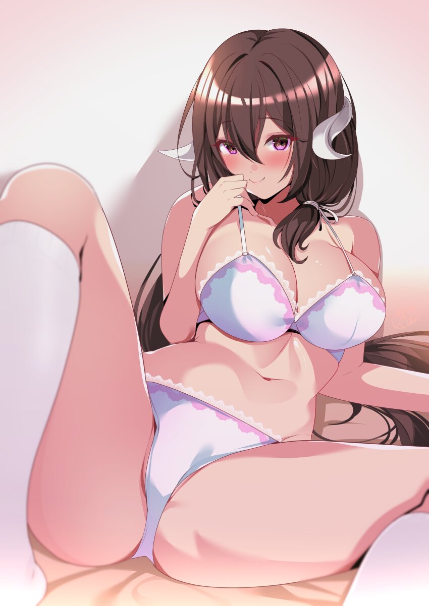 1girl absurdres azur_lane blush bra breasts brown_hair cleavage closed_mouth hair_between_eyes highres horns lace lace-trimmed_bra lace-trimmed_panties lace_trim large_breasts lingerie long_hair looking_at_viewer mikasa_(azur_lane) navel origami_aya panties pink_hair signature simple_background smile socks solo stomach underwear very_long_hair white_background white_bra white_panties white_socks