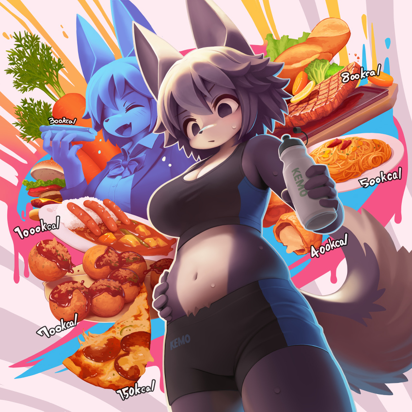 1girl animal_ears bike_shorts body_fur bottle bow bowtie bread breasts burger carrot cleavage closed_eyes curry food furry furry_female grey_hair hand_on_own_stomach highres holding holding_bottle holding_food hot_dog looking_down lyc meat multicolored_fur navel open_mouth original pasta pizza rice sausage solo spaghetti sports_bra steak sweat tail takoyaki weight_conscious wolf_ears wolf_girl wolf_tail