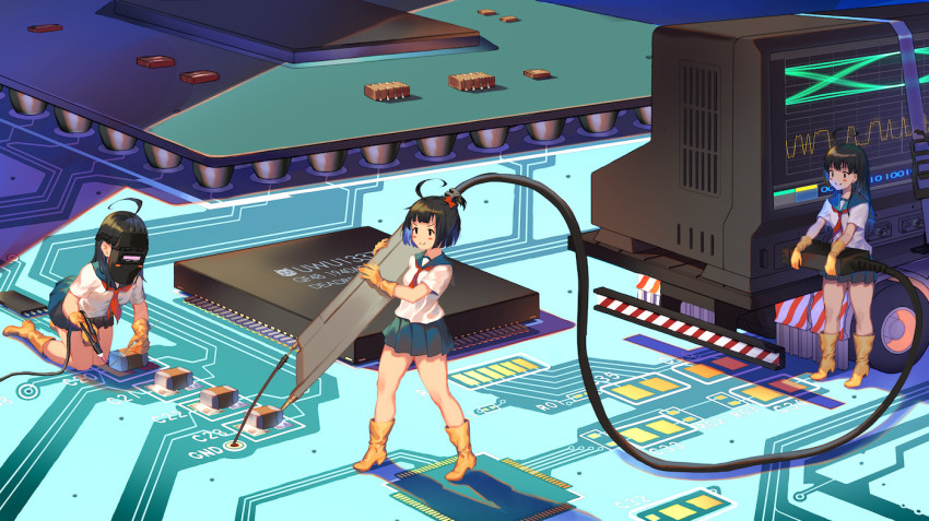 3girls ahoge black_eyes black_skirt blunt_ends blush_stickers boots circuit_board closed_mouth collateral_damage_studios commentary commission computer_chip english_commentary gloves holding kneeling long_hair mini_person minigirl miniskirt multiple_girls one_side_up orange_boots orange_gloves original oscilloscope pleated_skirt red_neckwear school_uniform serafuku shirt short_hair short_sleeves skirt smile standing usanekorin welding welding_mask white_shirt wide_shot
