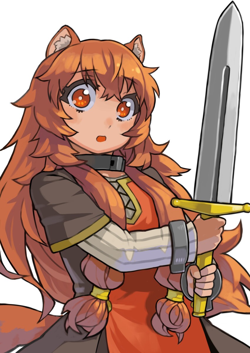 1girl :o absurdres animal_ear_fluff animal_ears black_dress brown_hair collar commentary_request dress eyelashes hair_between_eyes hands_up highres holding holding_sword holding_weapon layered_dress long_hair long_sleeves looking_at_viewer metal_collar metal_hair_tubes metal_wrist_cuffs open_mouth partial_commentary raccoon_ears raccoon_girl raccoon_tail raphtalia red_dress red_eyes rinx short_sleeves simple_background solo standing sword tail tate_no_yuusha_no_nariagari two-tone_dress upper_body weapon white_background white_dress