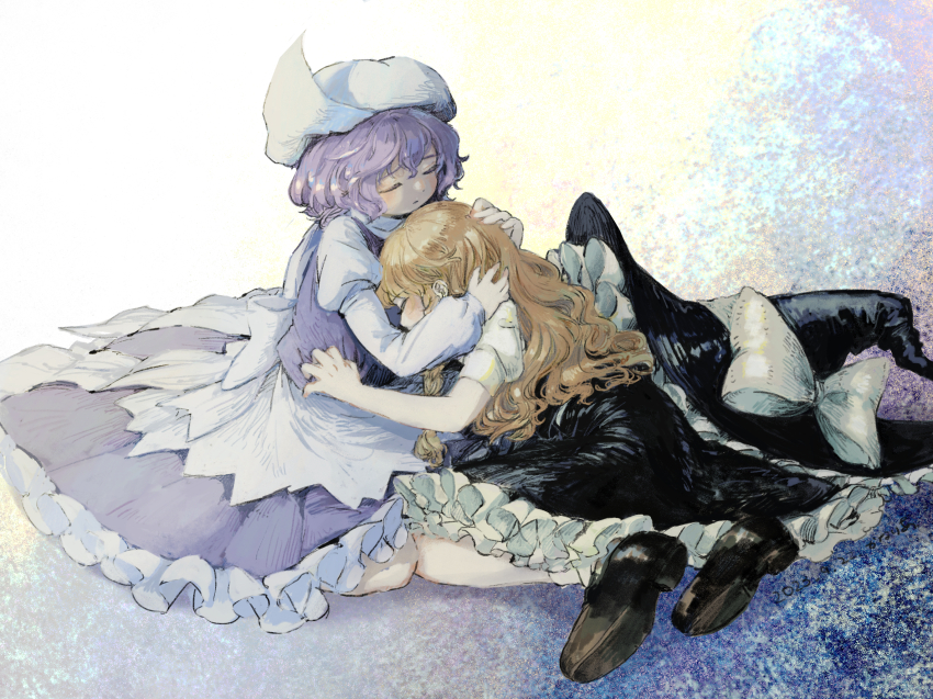 2girls black_hat black_shoes black_skirt black_vest blonde_hair blush bow canariadraw closed_eyes commentary commission hat hat_bow highres hug juliet_sleeves kirisame_marisa leaning_on_person letty_whiterock long_hair long_sleeves multiple_girls petticoat puffy_short_sleeves puffy_sleeves purple_hair purple_skirt purple_vest shoes short_hair short_sleeves skeb_commission skirt touhou unworn_hat unworn_headwear vest white_background white_bow white_hat witch_hat yuri