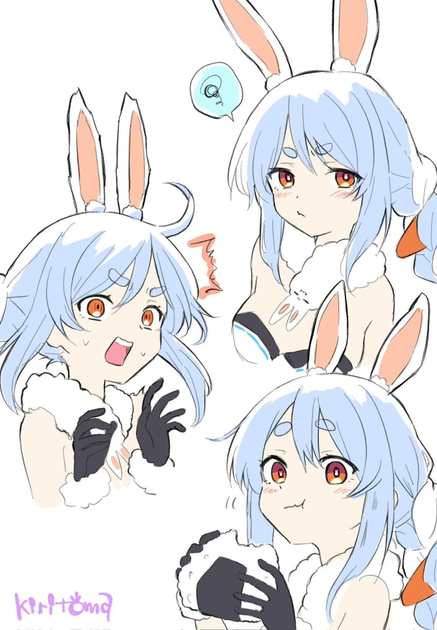 1girl :t ^^^ animal_ear_fluff animal_ears bare_shoulders black_gloves black_leotard braid breasts carrot_hair_ornament closed_mouth commentary cropped_torso don-chan_(usada_pekora) dress eating food food-themed_hair_ornament fur-trimmed_gloves fur_trim gloves hair_ornament highres holding holding_food hololive kiritoma leotard long_hair multiple_views onigiri open_mouth rabbit_ears signature simple_background small_breasts spoken_squiggle squiggle strapless strapless_dress strapless_leotard surprised twin_braids twintails upper_body usada_pekora usada_pekora_(1st_costume) virtual_youtuber wavy_mouth white_background white_dress