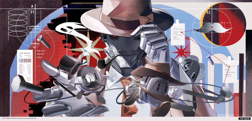 absurdres adjusting_clothes adjusting_headwear arknights arm_up brown_hat brown_necktie character_name chinese_commentary collared_shirt commentary_request fake_facial_hair fake_mustache hat heisedejin highres long_sleeves looking_at_viewer necktie no_humans red_eyes robot screw shirt smoke smoking_pipe solo ticket tin_man_(arknights) upper_body white_shirt