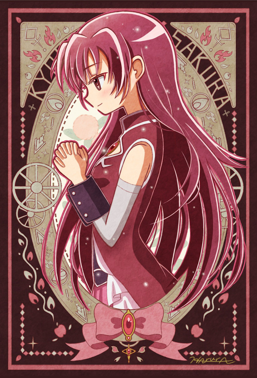 1girl art_nouveau artist_name bare_shoulders bow character_name closed_mouth commentary_request detached_sleeves dress from_side gem highres long_hair magical_girl mahou_shoujo_madoka_magica mahou_shoujo_madoka_magica_(anime) own_hands_together pink_bow pink_skirt pleated_skirt red_dress red_hair sakura_kyoko sakura_kyoko_(magical_girl) signature skirt sleeveless sleeveless_dress solo white_sleeves yae_harura