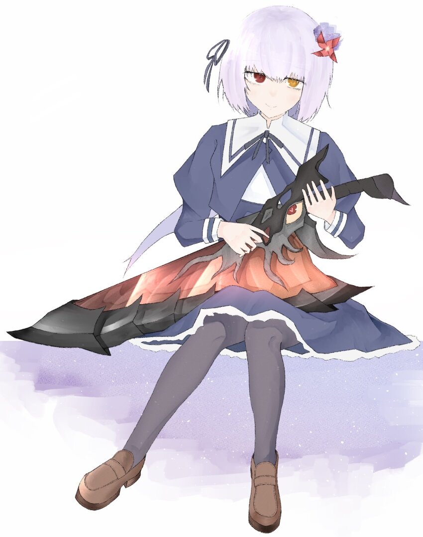 1girl assault_lily black_pantyhose black_ribbon black_skirt brown_shoes closed_mouth commentary_request cropped_jacket flower gradient_background grey_hair hair_ornament hair_ribbon hands_up heterochromia high-waist_skirt highres holding holding_sword holding_weapon juliet_sleeves loafers long_hair long_sleeves looking_at_viewer low_ponytail neck_ribbon on_(phantasm_flower) pantyhose ponytail puffy_sleeves purple_background purple_flower red_eyes red_flower ribbon school_uniform shirt shoes sitting skirt smile solo sword very_long_hair weapon white_background white_shirt yamaguchi_chihiro_(assault_lily) yellow_eyes yurigaoka_girls_academy_school_uniform