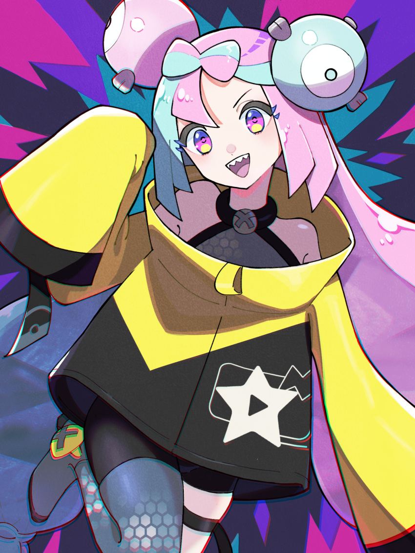1girl :d bike_shorts boots character_hair_ornament chromatic_aberration green_hair grey_boots grey_pantyhose grey_shirt hair_ornament hand_up highres iono_(pokemon) jacket long_hair long_sleeves multicolored_hair nintendo nori_(hgdm2784) open_mouth pantyhose pink_hair pokemon pokemon_sv sharp_teeth shirt single_leg_pantyhose sleeveless sleeveless_shirt sleeves_past_fingers sleeves_past_wrists smile solo star_(symbol) star_print teeth thigh_strap tongue twintails two-tone_hair upper_teeth_only yellow_jacket