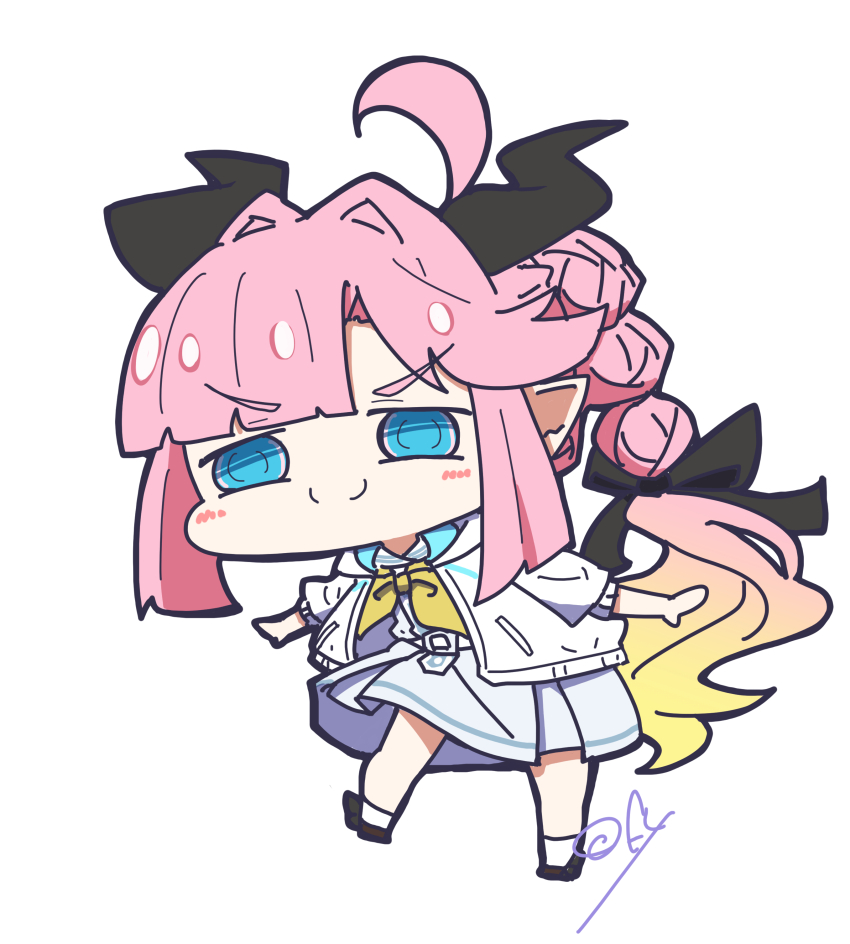 1girl absurdres alternate_species anyoji_hime black_horns black_ribbon blonde_hair blue_eyes blunt_sidelocks bow_legwear brown_shoes c: chibi chibi_only closed_mouth commentary_request demon_girl demon_horns dress full_body gradient_hair hair_intakes hair_ribbon hasu_no_sora_school_uniform hat highres hood hooded_jacket horns jacket link!_like!_love_live! long_hair love_live! medium_dress mini_hat mini_top_hat multicolored_hair neckerchief oofushi_ao open_clothes open_jacket pink_hair pleated_dress pointy_ears ponytail ribbon sailor_collar sailor_dress school_uniform shoes sidelocks signature simple_background smile socks solo split_mouth standing summer_uniform three-quarter_sleeves top_hat two-tone_hair v-shaped_eyebrows very_long_hair virtual_youtuber white_background white_dress white_jacket white_sailor_collar white_socks yellow_neckerchief