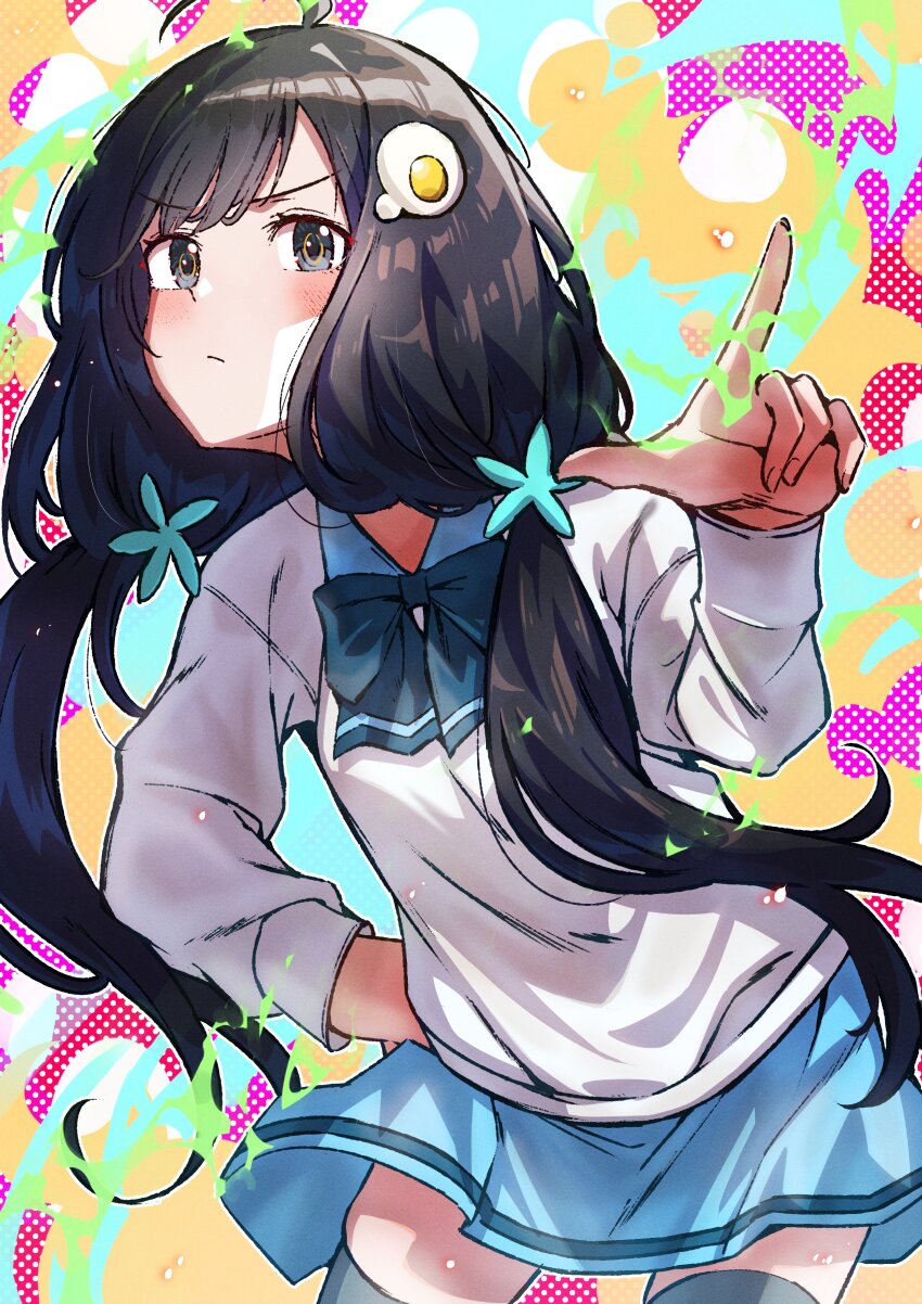 1girl absurdres ahoge annoyed aqua_background araragi_tsukihi bent_over black_hair blue_bow blue_bowtie blue_sailor_collar blue_skirt blush bow bowtie breasts brown_eyes closed_mouth commentary cowboy_shot cruzango0510 egg_hair_ornament food-themed_hair_ornament fried_egg frown green_background grey_thighhighs hair_ornament halftone halftone_background hand_on_own_hip highres index_finger_raised leaning_forward light_frown long_hair long_sleeves looking_at_viewer loose_hair_strand monogatari_(series) multicolored_background orange_background orokamonogatari outline pink_background pointing pointing_at_viewer sailor_collar school_uniform serafuku shirt skindentation skirt small_breasts solo swept_bangs thighhighs tsuganoki_second_junior_high_school_uniform twintails v-shaped_eyebrows very_long_hair white_background white_outline white_shirt zettai_ryouiki