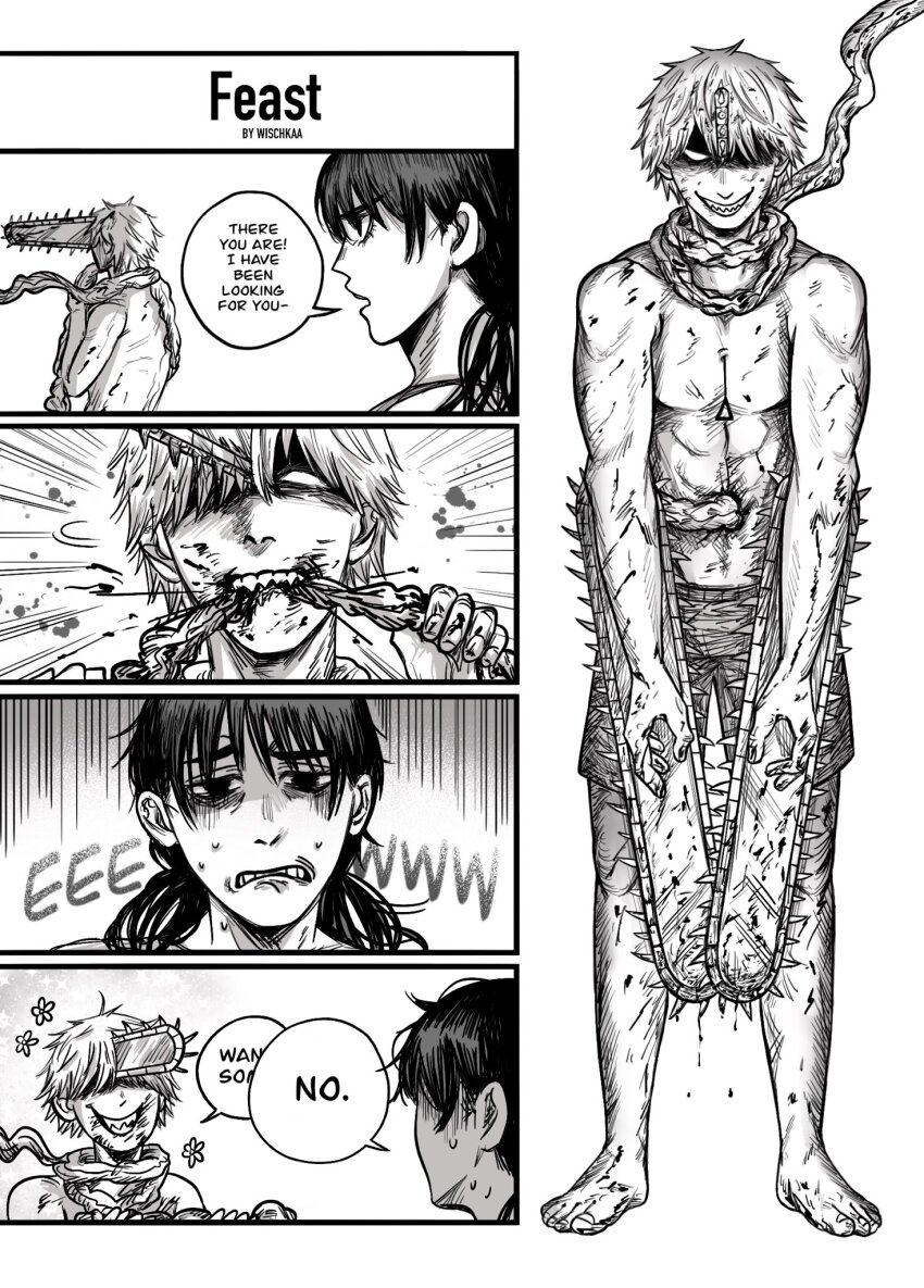 1boy 1girl chainsaw chainsaw_man denji_(chainsaw_man) english_text greyscale highres intestine_clothing mitaka_asa monochrome pull_string sharp_teeth short_hair shorts speech_bubble teeth topless_male wischkaa