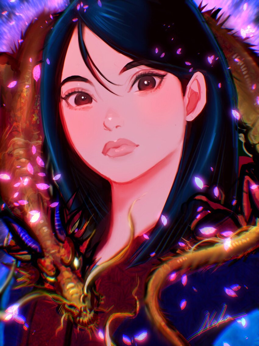 1boy 1girl black_hair brown_eyes chinese_clothes dress fa_mulan_(disney) hanfu highres lipstick long_hair looking_at_viewer makeup mulan_(movie) mushu_(disney) nyamunekonabe shirt short_hair solo