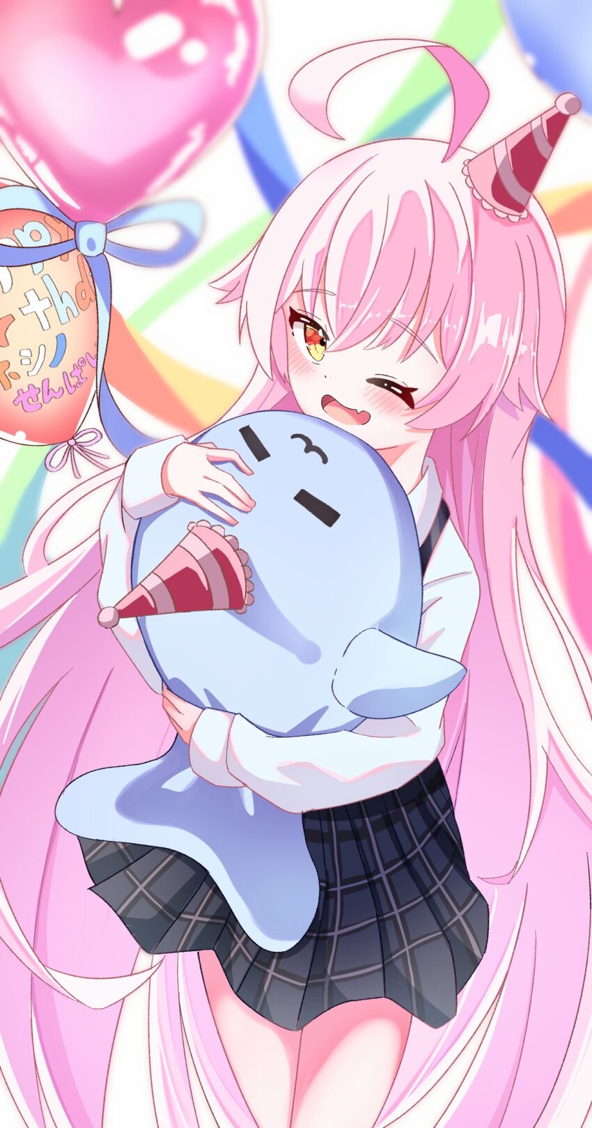 1girl :3 ahoge balloon black_skirt blue_archive blush collared_shirt commentary_request cowboy_shot crossed_bangs fang hair_between_eyes hair_flaps happy_birthday hat heart_balloon highres hoshino_(blue_archive) huge_ahoge long_hair long_sleeves looking_at_viewer one_eye_closed open_mouth orange_eyes party_hat peanut_mouth pink_hair plaid_clothes plaid_skirt pleated_skirt shirt sidelocks skin_fang skirt solo standing stuffed_whale tilted_headwear translation_request very_long_hair vtitalianlion46 white_shirt