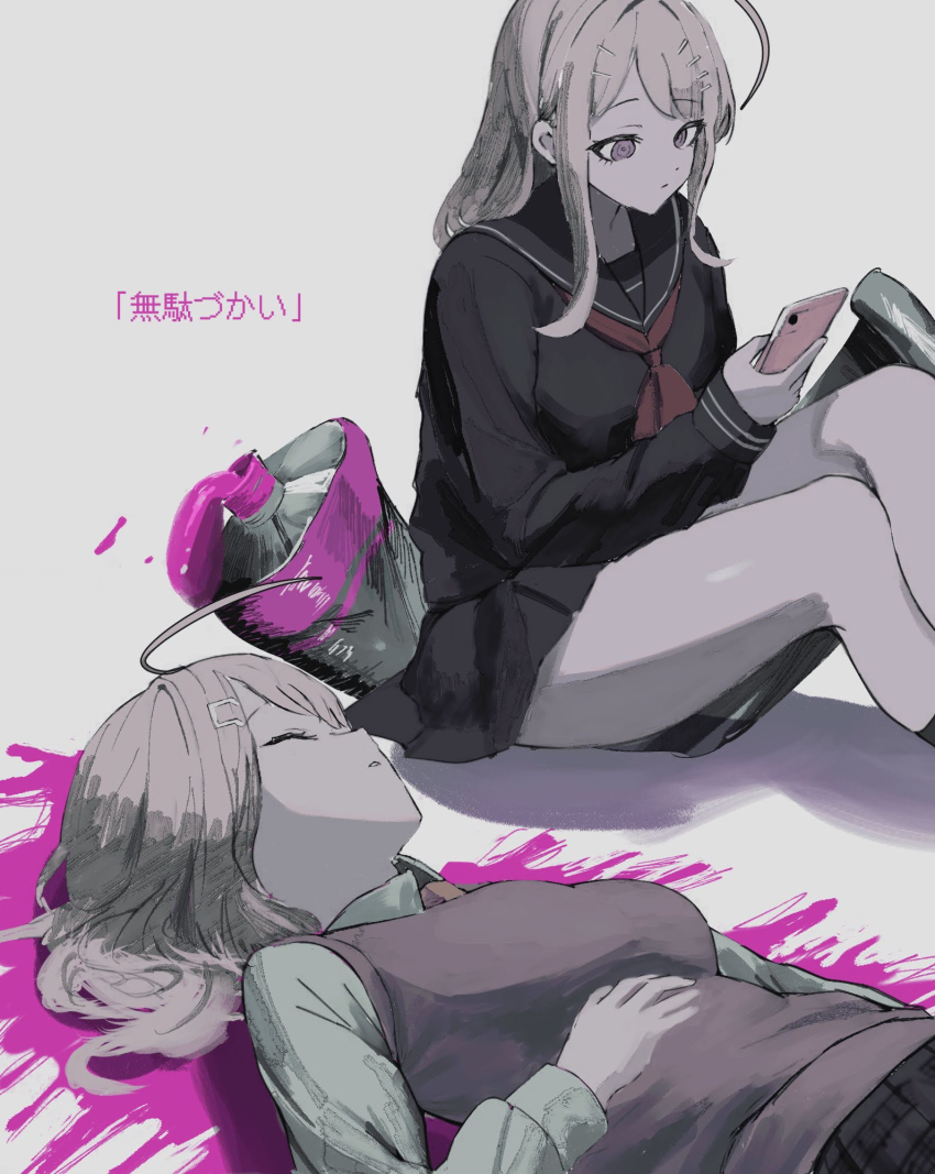 2girls ahoge akamatsu_kaede black_sailor_collar black_serafuku black_shirt black_skirt blonde_hair breasts cellphone closed_eyes danganronpa_(series) danganronpa_v3:_killing_harmony dual_persona fortissimo hair_ornament hairclip highres holding holding_phone large_breasts lying multiple_girls musical_note musical_note_hair_ornament neckerchief official_alternate_costume on_back phone pink_sweater_vest pleated_skirt red_neckerchief sailor_collar school_uniform serafuku shiny_skin shirt skirt smartphone sukizukiko sweater_vest