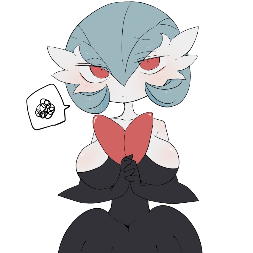 1girl alternate_color bare_shoulders black_dress black_gloves blue_hair blush bob_cut breasts closed_mouth collarbone colored_skin dress elbow_gloves female_focus flat_color gardevoir gen_3_pokemon gloves hair_between_eyes half-closed_eyes hands_up highres interlocked_fingers large_breasts looking_at_viewer mega_gardevoir mega_pokemon nintendo own_hands_together pokemon pokemon_(creature) raised_eyebrows red_eyes shiny_pokemon short_hair simple_background solo speech_bubble spoken_squiggle squiggle standing straight-on strapless strapless_dress upper_body white_background white_skin yamada_(pixiv_24040206)
