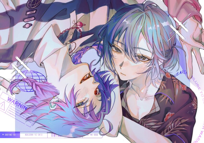 18trip 2boys ahoge arm_on_own_head arm_up black_shirt blush braid closed_mouth collared_shirt commentary ear_piercing earrings floral_print floral_print_shirt grey_eyes grey_hair grin hachinoya_nagi hair_between_eyes hashtag-only_commentary heterochromia highres jewelry looking_at_viewer male_focus multiple_boys necklace one_eye_narrowed open_mouth parted_bangs piercing planet planet_necklace purple_hair shirt short_sleeves smile sparkle striped_clothes striped_shirt teeth tongue twin_braids ud9i8vhrlrb3ols upside-down v white_background yowa_netaro