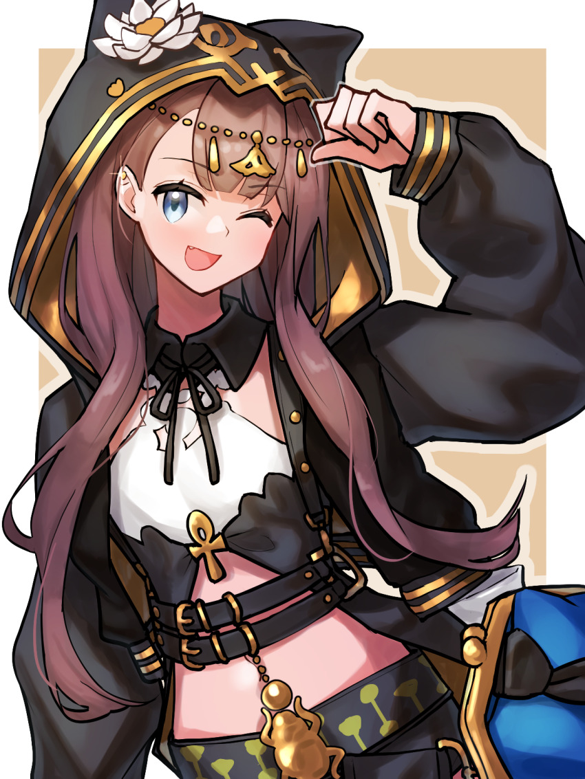 1girl ;d ankh arknights arm_up belt black_jacket blue_bag blue_eyes brown_hair commentary cowboy_shot fang flower head_chain highres hood hood_up hooded_jacket jacket jewelry long_hair long_sleeves looking_at_viewer lotus midriff one_eye_closed open_mouth outside_border pepe_(arknights) scarab simple_background smile solo white_flower yukinko_roshi