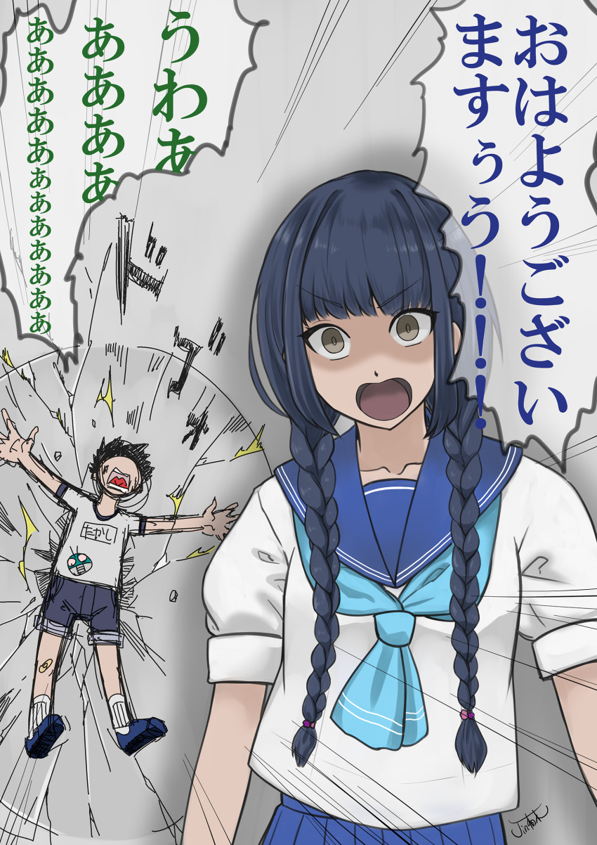 1boy 1girl against_wall amemori_sayo arms_at_sides black_hair blue_neckerchief blue_sailor_collar blue_skirt braid commentary_request crack cracked_wall crater emphasis_lines empty_eyes glaring grey_background gym_shirt gym_shorts hair_over_shoulder highres jin_kashiwagi long_hair loud low_twin_braids neckerchief nijisanji open_mouth outstretched_arms parody puffy_short_sleeves puffy_sleeves sailor_collar sakusei_byoutou school_uniform serafuku shaded_face shirt short_hair short_sleeves shorts shouting signature skirt slam speech_bubble spread_arms translation_request twin_braids v-shaped_eyebrows virtual_youtuber white_shirt wide-eyed