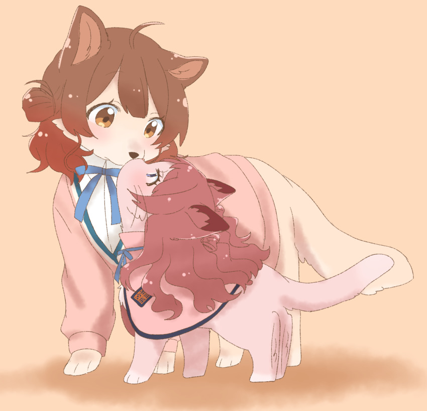 ahoge animal animalization blue_eyes brown_eyes brown_hair cardigan cat clothed_animal commentary_request dog full_body gakuen_idolmaster hanami_saki hanami_ume hatsuboshi_gakuen_school_uniform highres hutaba idolmaster long_hair no_humans pink_cardigan school_uniform short_hair siblings sisters standing whiskers