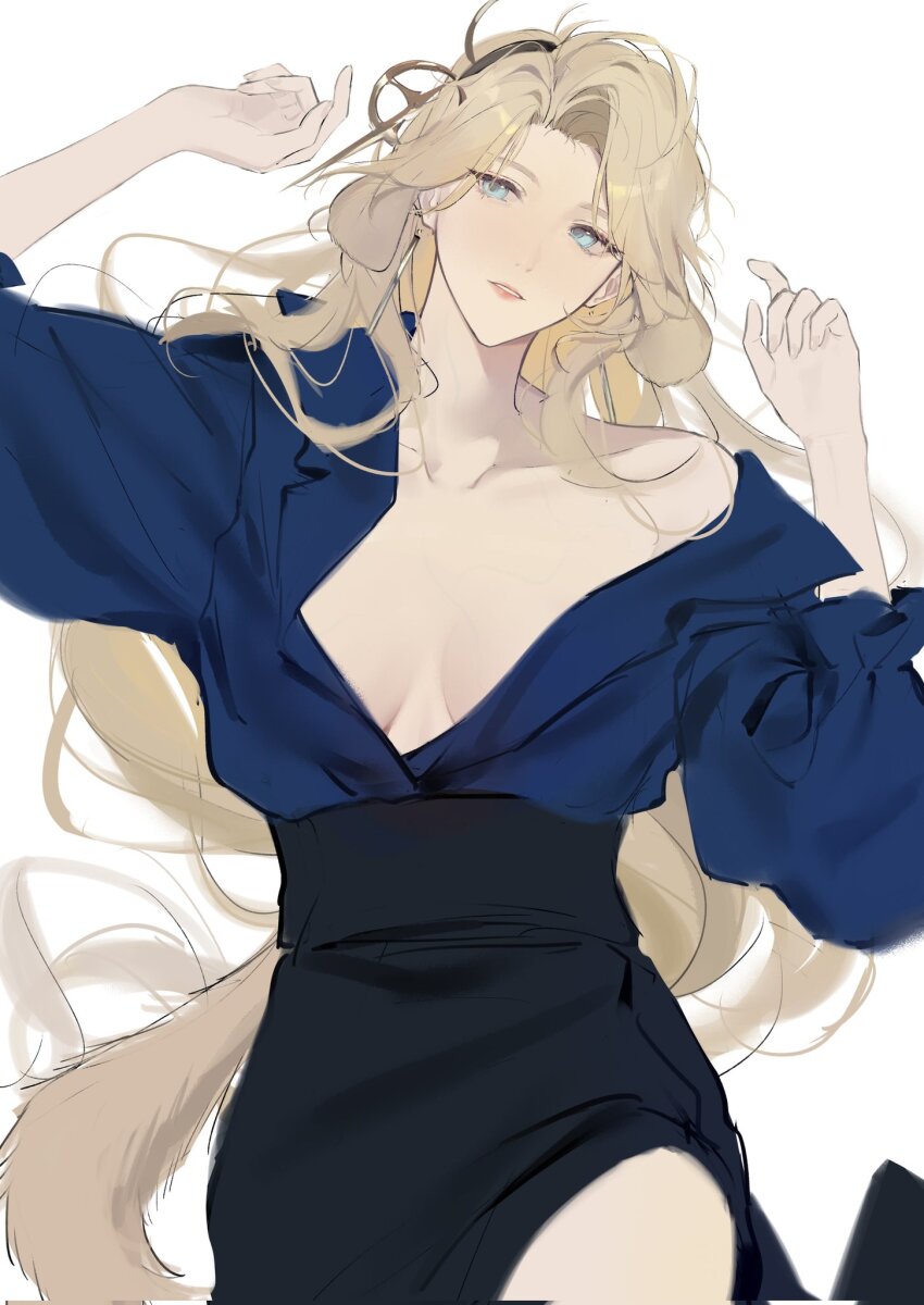 1girl animal_ears arknights black_hairband black_skirt blue_eyes blue_shirt breasts cleavage commentary corrupted_twitter_file dog_ears dog_girl dog_tail earrings hair_ornament hairband highres jewelry joshua_(shisanli934) kristen_(arknights) looking_at_viewer lying medium_breasts on_back parted_lips shirt shirt_tucked_in simple_background skirt solo symbol-only_commentary tail white_background