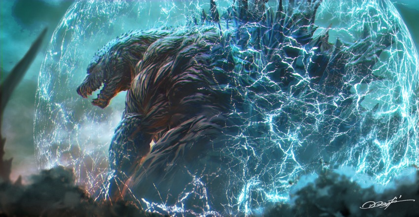 aura electricity energy energy_barrier energy_field epic giant giant_monster glowing godzilla godzilla:_planet_of_the_monsters godzilla_(series) godzilla_earth hanekura_bou kaiju lightning monster muscular no_humans polygon_pictures realistic smoke solo toho
