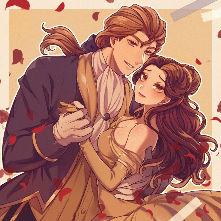 1boy 1girl animification beauty_and_the_beast_(disney) belle_(disney) blonde_hair brown_eyes brown_hair dress elbow_gloves gloves highres jewelry long_hair looking_at_viewer mizala ponytail prince_adam_(disney) smile yellow_dress
