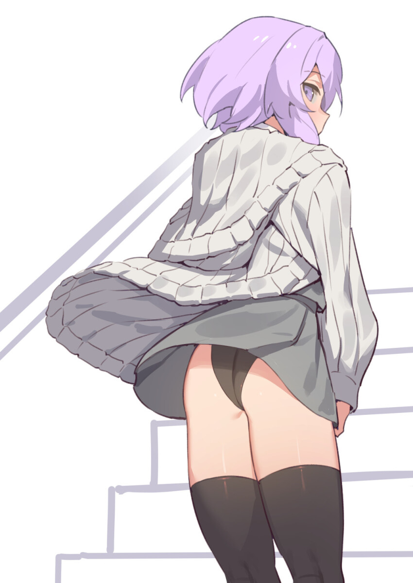 1girl a.i._voice ass black_leotard black_thighhighs blush cardigan flat_ass highleg highleg_leotard highres leotard leotard_under_clothes looking_at_viewer looking_back open_cardigan open_clothes purple_eyes purple_hair school_uniform serafuku short_hair skirt solo stairs thighhighs voiceroid wind wind_lift yamamomo_(plank) yuzuki_yukari yuzuki_yukari_(shizuku)