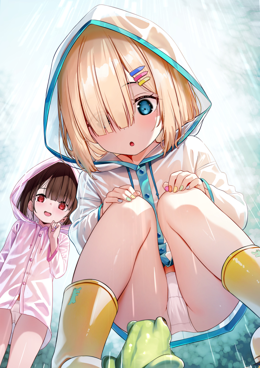 2girls blonde_hair blue_eyes boots commentary_request frog hair_ornament hair_over_one_eye hairclip highres hood hood_up loli multiple_girls nail_polish original panties raincoat red_eyes rubber_boots squatting underwear white_panties yan_(nicknikg)
