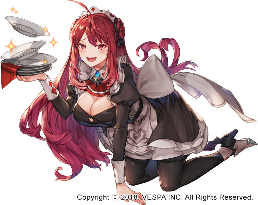 1girl ahoge apron ascot back_bow bat_wings black_dress black_pantyhose black_ribbon black_shoes bow breasts cleavage commentary double_bun dress erze_(king&#039;s_raid) fangs frilled_apron frills full_body hair_bun hair_ribbon hand_on_ground high_heels holding holding_plate hwansang_jungdog juliet_sleeves king&#039;s_raid kneeling large_breasts long_hair long_sidelocks long_sleeves maid maid_apron maid_headdress napkin official_alternate_costume official_art open_mouth pantyhose petticoat plate puffy_sleeves red_ascot red_eyes red_hair ribbon shoes short_dress sidelocks smile solo sparkle very_long_hair waist_ribbon white_apron white_ribbon white_sleeve_cuffs winged_shoes wings