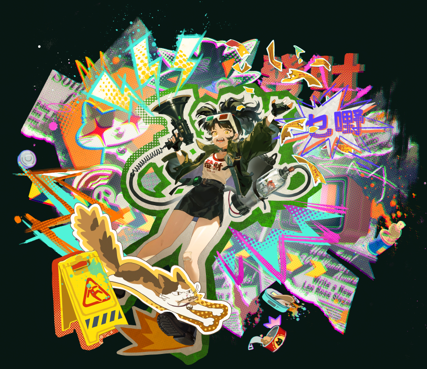 1girl 3d_glasses absurdres alraune an-an_lee arm_up backpack bag bell_jar belt black_background black_bag black_belt black_choker black_footwear black_gloves black_hair black_skirt can canned_food cat chinese_text choker chromatic_aberration clothes_writing crt english_text eyewear_on_head fangs finger_on_trigger fingerless_gloves fish_in_mouth floating_hair food_in_mouth full_body gauze gauze_on_knee ghost gloves green_jacket halftone halftone_background halftone hand_up highres holding holding_megaphone hose jacket lightning_bolt_symbol looking_at_viewer medium_hair megaphone miniskirt monster_girl ofuda open_clothes open_jacket open_mouth pencil_skirt plant_girl ponytail pop_art reverse:1999 sanfuyi shirt skirt solo teeth tongue v-shaped_eyebrows wet_floor_sign white_shirt yellow_eyes yin_yang