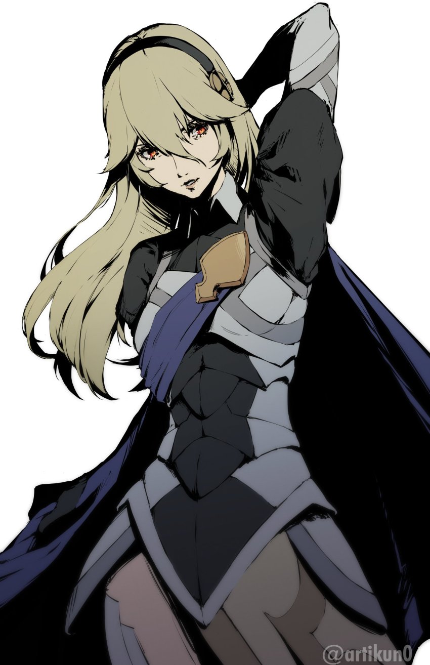 1girl absurdres arm_behind_head arm_up armor armored_dress black_shirt blonde_hair blue_cape breasts cape clothing_cutout collared_shirt commentary corrin_(female)_(fire_emblem) cowboy_shot dress english_commentary eyelashes female_focus fire_emblem fire_emblem_fates hair_between_eyes hair_ornament hairband highres juliet_sleeves kuno_(runkunochan) long_hair long_sleeves medium_breasts nintendo parted_lips puffy_sleeves red_eyes shirt sidelocks simple_background slit_pupils soejima_shigenori_(style) solo thigh_cutout twitter_username white_background