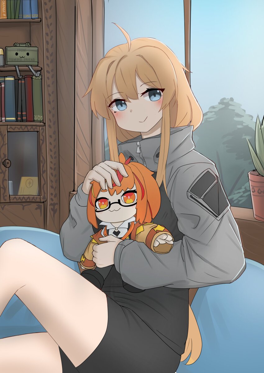 1girl absurdres ahoge blonde_hair blue_eyes blush bookshelf character_doll claymore_(mine) closed_mouth doll explosive grey_jacket highres indie_virtual_youtuber jacket long_hair mako_fukasame mine_(weapon) multicolored_hair orange_hair plant potted_plant red_hair semi-rimless_eyewear smile srtdrawart streaked_hair virtual_youtuber whiskey_project window zipper zipper_pull_tab
