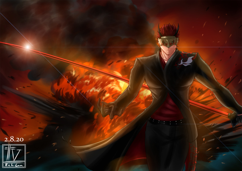 1boy adam_taurus belt chokutou fire gloves hebi-kaze-77 holding holding_sword holding_weapon horns jacket katana mask ootachi red_hair rwby shirt sword waist_cape weapon wilt_and_blush
