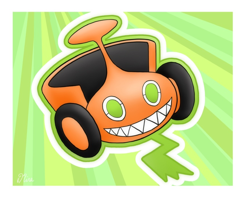 aoyagi_nira border commentary_request full_body gen_4_pokemon green_background green_eyes highres nintendo no_humans outline pokemon pokemon_(creature) rotom rotom_(mow) sharp_teeth signature smile teeth white_border