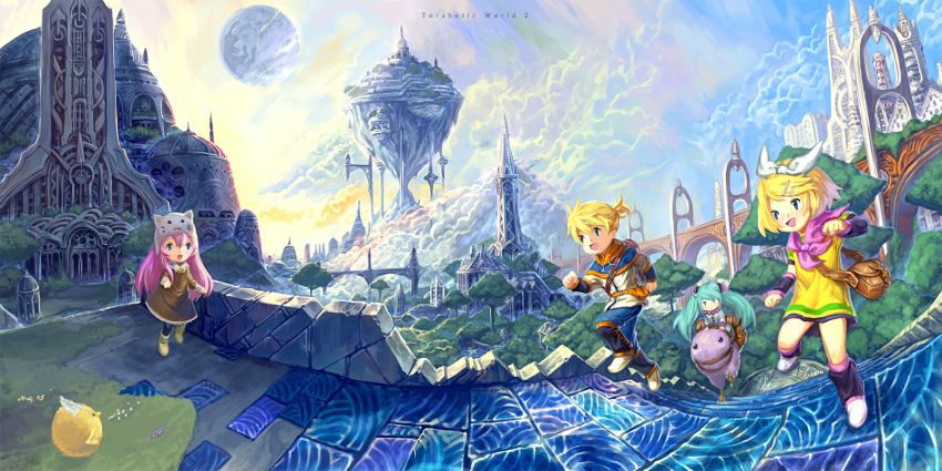 1boy 3girls aqua_eyes aqua_hair blonde_hair blue_eyes cityscape cloud fantasy hair_ornament hair_ribbon hairclip hatsune_miku highres kagamine_len kagamine_rin megurine_luka megurine_luka_(toeto) multiple_girls nagimiso open_mouth pink_hair ribbon scenery short_hair sky smile toeto_(vocaloid) twintails vocaloid